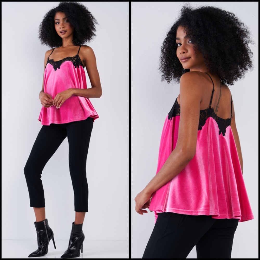 Hot Pink velvet black lace trimmed flowy cami tank top Extra Small XS Small S